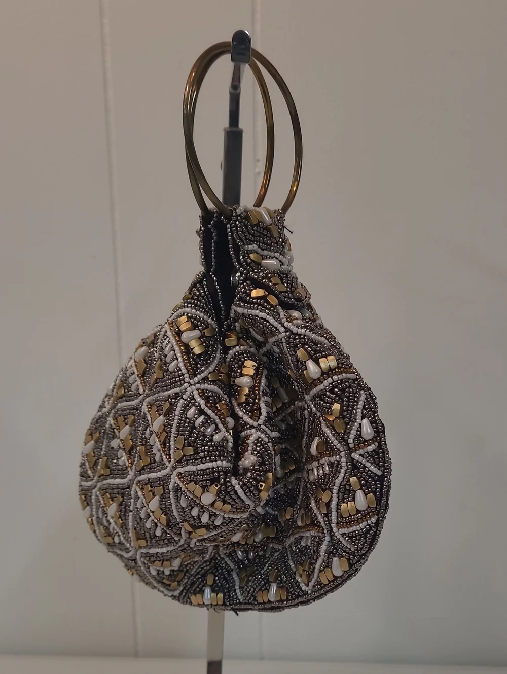 Versona Embellished Black and Gold Metallic & Pearls Evening Dressy Wristlet Bag